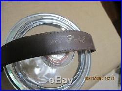 Vtg Humydrole Gold Label Lidded Clear Glass Jar w Leather Handle Atlas Co 8 x 5
