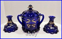 Vtg. Hvy. Mosser Cobalt Glass Cherry/Cable Handpainted Gold With2 Handles Lid Jar