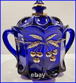 Vtg. Hvy. Mosser Cobalt Glass Cherry/Cable Handpainted Gold With2 Handles Lid Jar