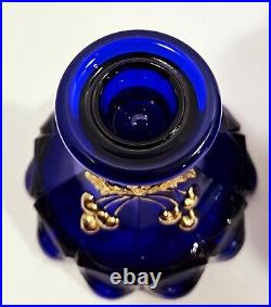 Vtg. Hvy. Mosser Cobalt Glass Cherry/Cable Handpainted Gold With2 Handles Lid Jar