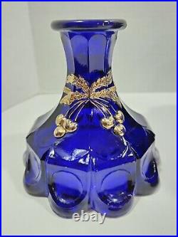 Vtg. Hvy. Mosser Cobalt Glass Cherry/Cable Handpainted Gold With2 Handles Lid Jar