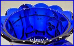 Vtg. Hvy. Mosser Cobalt Glass Cherry/Cable Handpainted Gold With2 Handles Lid Jar