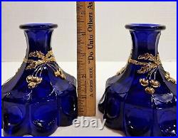 Vtg. Hvy. Mosser Cobalt Glass Cherry/Cable Handpainted Gold With2 Handles Lid Jar