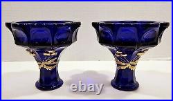 Vtg. Hvy. Mosser Cobalt Glass Cherry/Cable Handpainted Gold With2 Handles Lid Jar