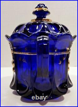 Vtg. Hvy. Mosser Cobalt Glass Cherry/Cable Handpainted Gold With2 Handles Lid Jar