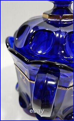 Vtg. Hvy. Mosser Cobalt Glass Cherry/Cable Handpainted Gold With2 Handles Lid Jar