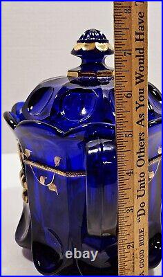 Vtg. Hvy. Mosser Cobalt Glass Cherry/Cable Handpainted Gold With2 Handles Lid Jar