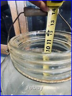 Vtg Large Barrel Shaped Glass Screw Top Pickle Jar & Bale Wood Handle