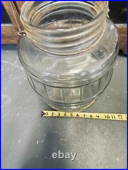 Vtg Large Barrel Shaped Glass Screw Top Pickle Jar & Bale Wood Handle