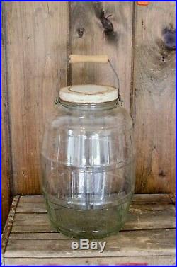 Vtg MCM General Store Glass Barrel / Pickle Storage Jar, Lid and Wood Handle