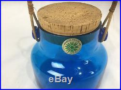 Vtg Mid Century Takahashi Aqua Blue Blown Glass Jar With Lid & Handle Japan