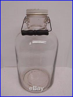 Vtg ONE GALLON Glass CANNING JAR Jug ATLAS EDJ Seal WOOD HANDLE 11 1/2 Bottle