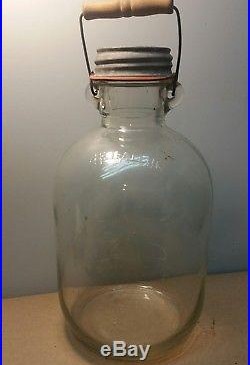 Vtg ONE GALLON Glass CANNING JAR Jug Ball Seal WOOD HANDLE 11 1/2 Bottle