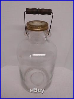 Vtg ONE GALLON Glass Storage CANNING JAR Jug ATLAS EDJ WOOD HANDLE 11.5 Bottle