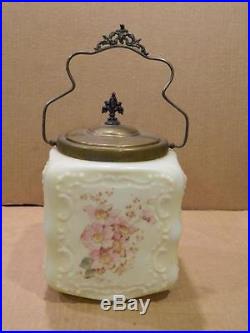 Wave Crest Biscuit Jar Brass Tone Handle & Top Rim Pink Flowers Antique