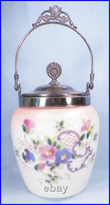Wave Crest Biscuit Jar New Amsterdam Silver Co Satin Glass Flowers 1315 Antique