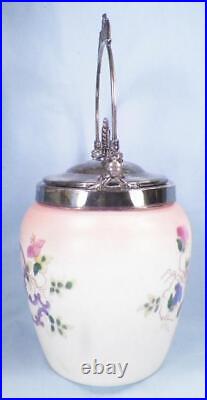Wave Crest Biscuit Jar New Amsterdam Silver Co Satin Glass Flowers 1315 Antique
