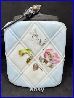Wavecrest Handled Biscuit Jar In Pale Blue Quilted Diamond Point withFloral Decor