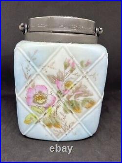 Wavecrest Handled Biscuit Jar In Pale Blue Quilted Diamond Point withFloral Decor
