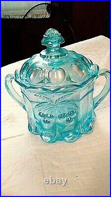 Westmoreland Blue Opalescent Cherry/cable Cookie/ Biscuit Jar 2 Handle With LID