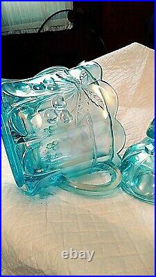 Westmoreland Blue Opalescent Cherry/cable Cookie/ Biscuit Jar 2 Handle With LID