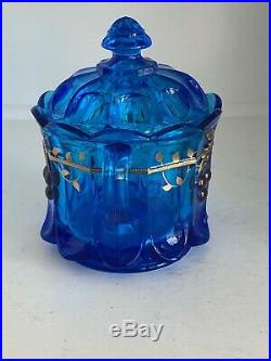 Westmoreland Glass Rare Blue Cherry Pattern Gold Trim Handled Cookie Biscuit Jar