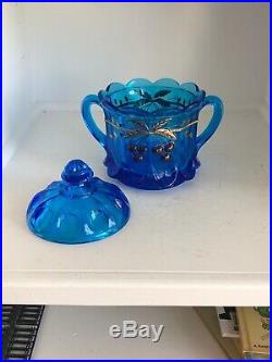 Westmoreland Glass Rare Blue Cherry Pattern Gold Trim Handled Cookie Biscuit Jar