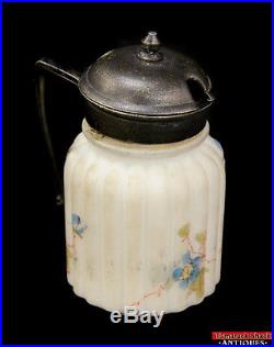 White Milk Glass Hand Painted Honey Jam Jar Pot Antique Metal Lid Handle Hinged