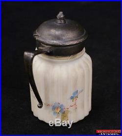 White Milk Glass Hand Painted Honey Jam Jar Pot Antique Metal Lid Handle Hinged