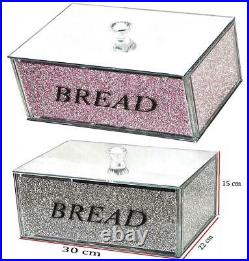 XXL Silver Crushed Diamond Crystal Mirrored Bread Bin Storage Container Kitchen