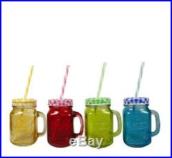 X 4 Pack 455ml Mason Jar Handle Straw Caddy Drinking Glass Jar Check Lid Hipster