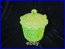 Yellow Glass Sugar Bucket with Lid Daisy Button Hobbs Brockunier #101 Uranium 1884